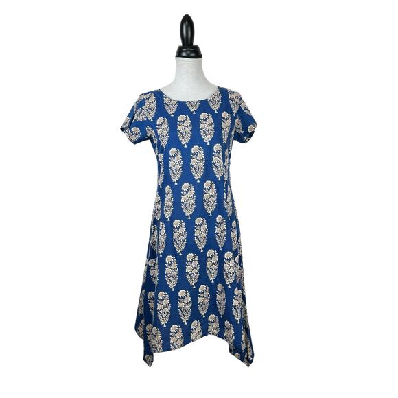 Geroo Jaipur S Blue Floral Print Short Sleeve Asymmetrical Hem Cotton Dress - Picture 1 of 7